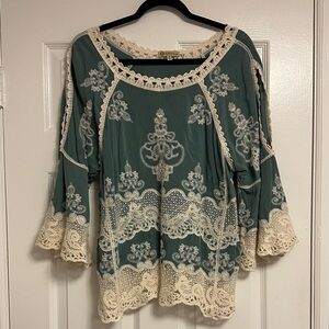 Democracy Teal and Cream Lace Blouse